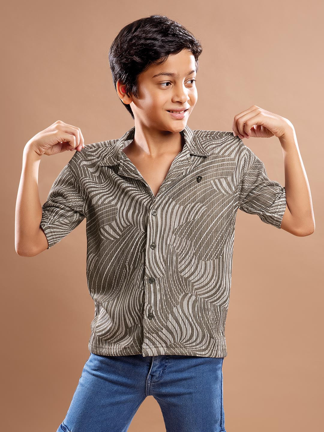 B-3790 collar printed half sleeve shirts for boys #color_pine-cone