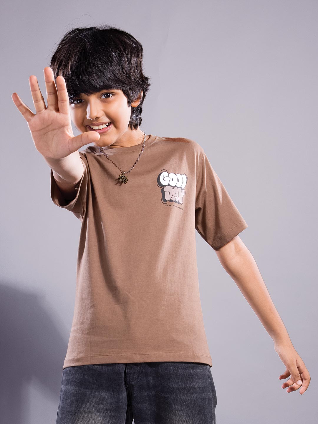 boys printed down shoulder t-shirt #color_pale-brown