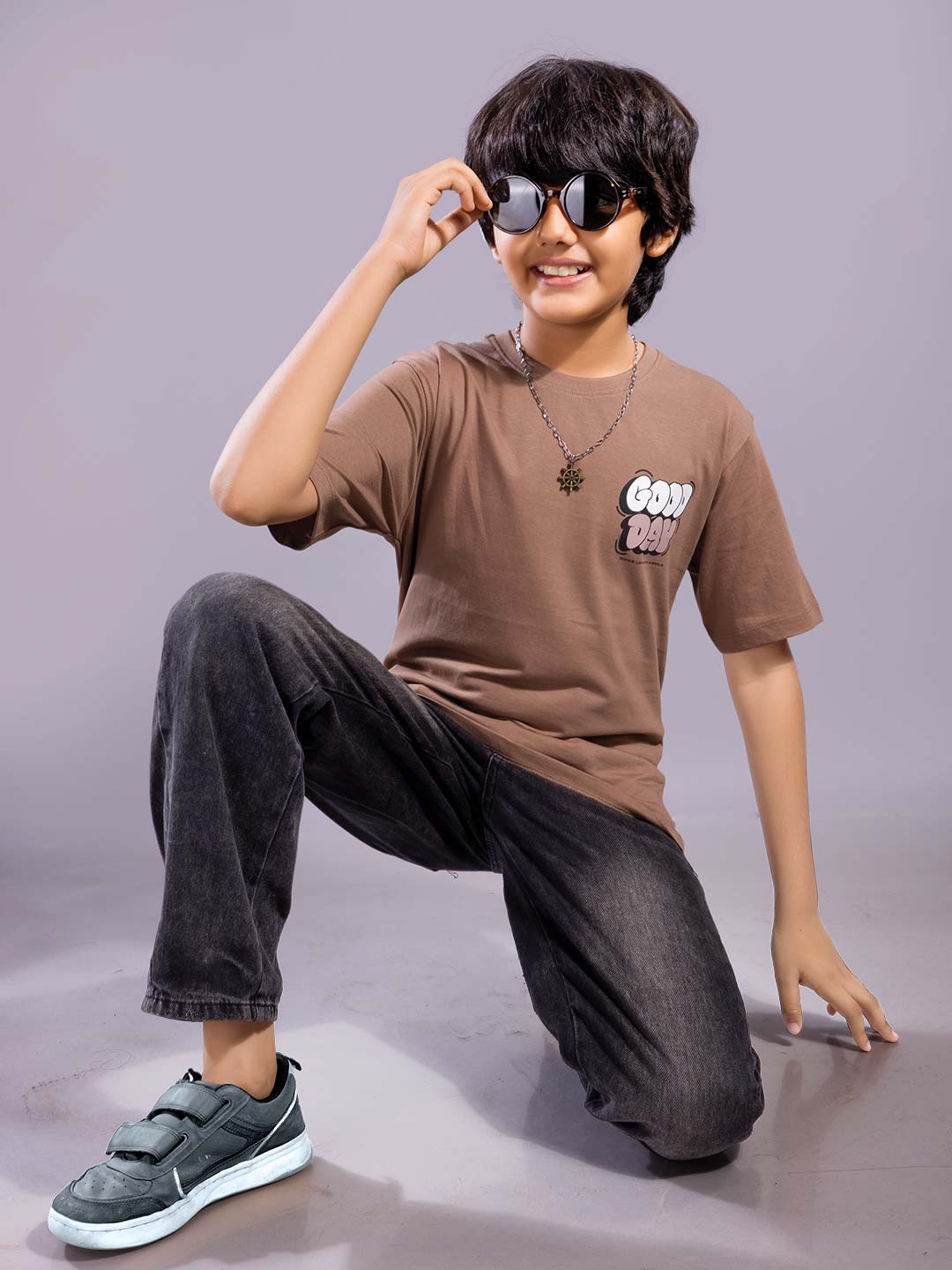 boys printed down shoulder t-shirt #color_pale-brown