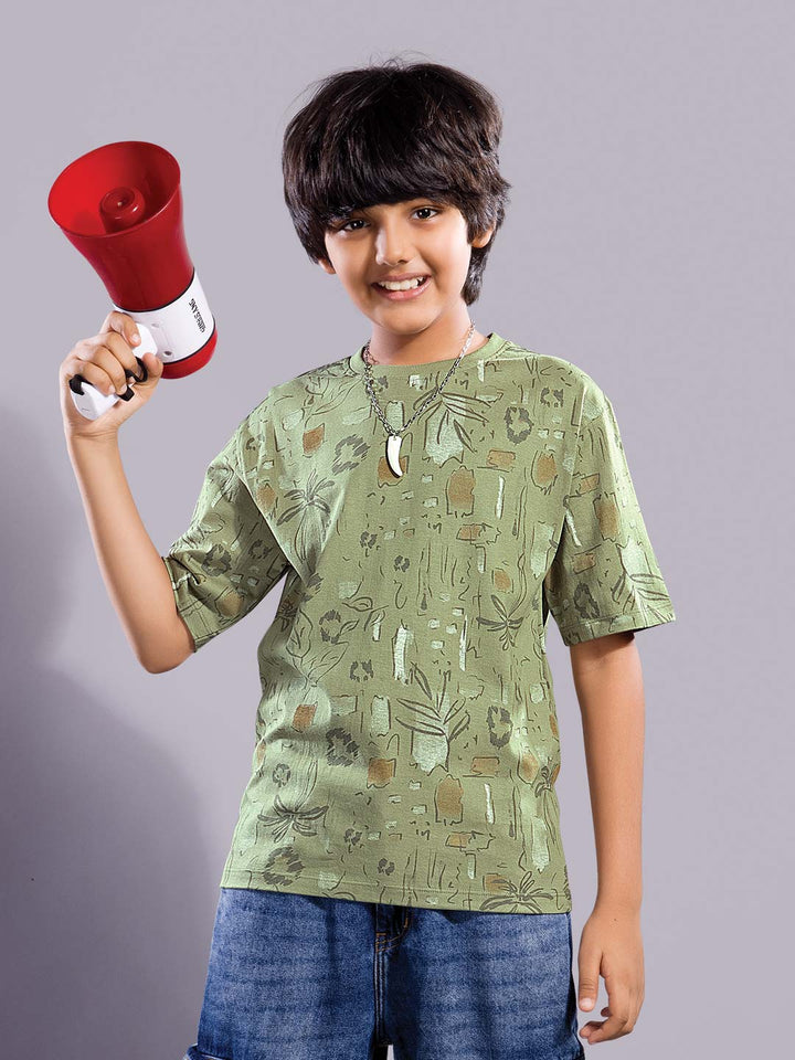boys printed down shoulder t-shirt #color_sage-green