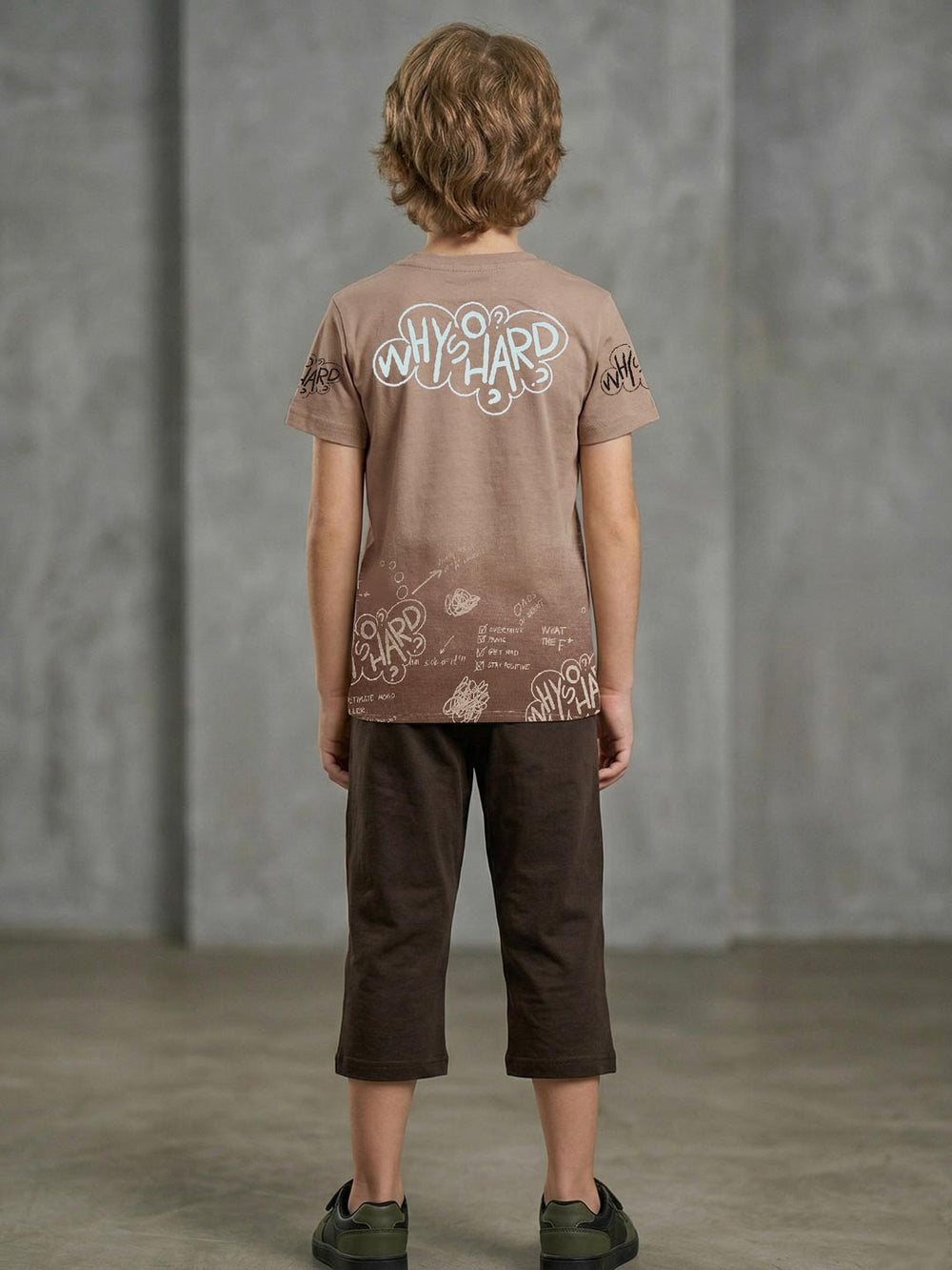 Boys printed half sleeve T-shirt with 3/4 pants set brown back view