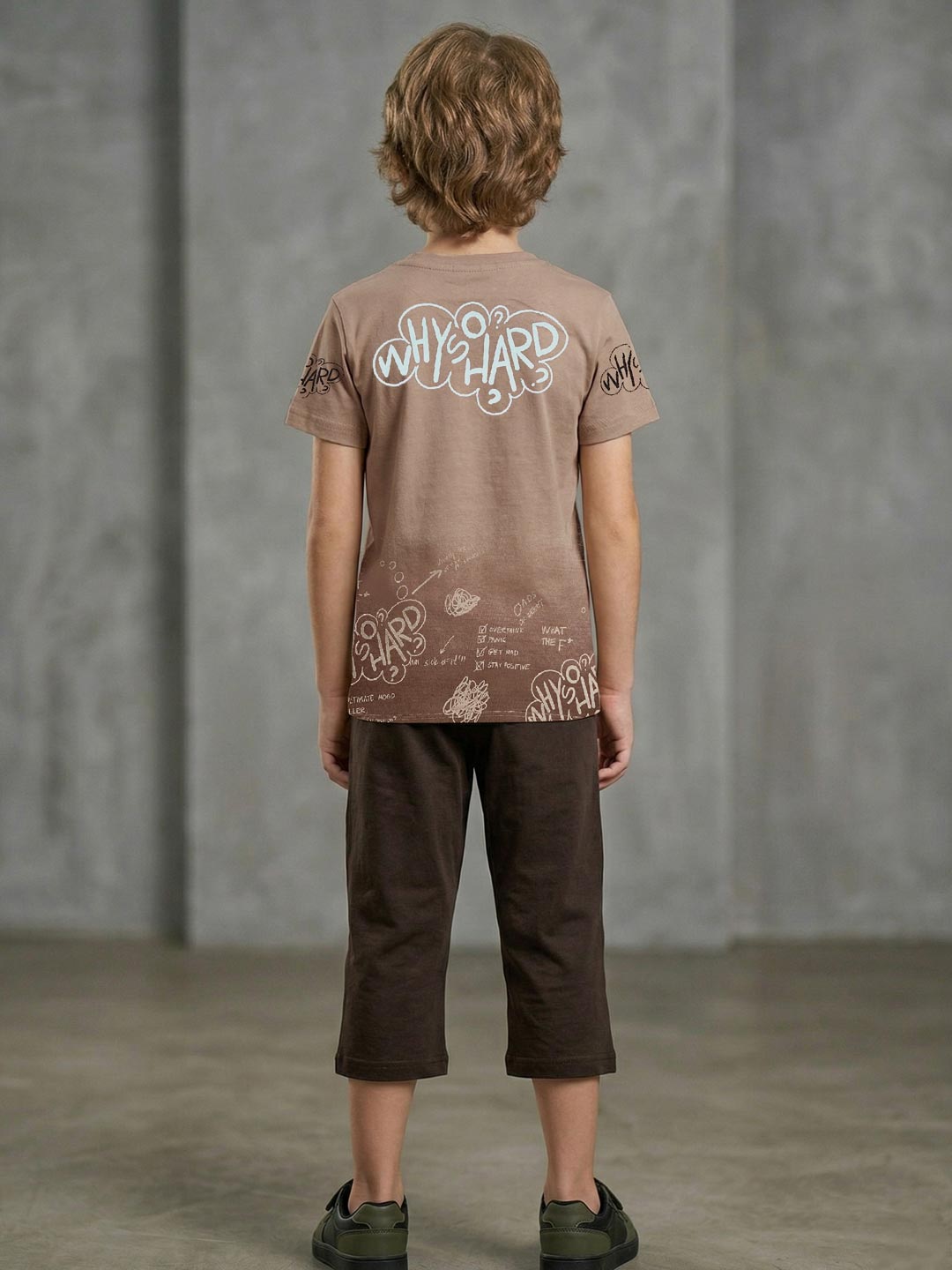 Boys printed half sleeve T-shirt with 3/4 pants set brown back view