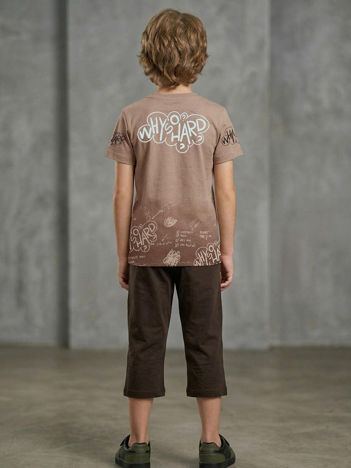 Boys printed half sleeve T-shirt with 3/4 pants set brown back view