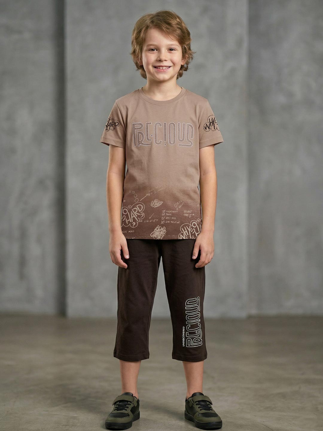 Boys printed half sleeve T-shirt with 3/4 pants set brown front view