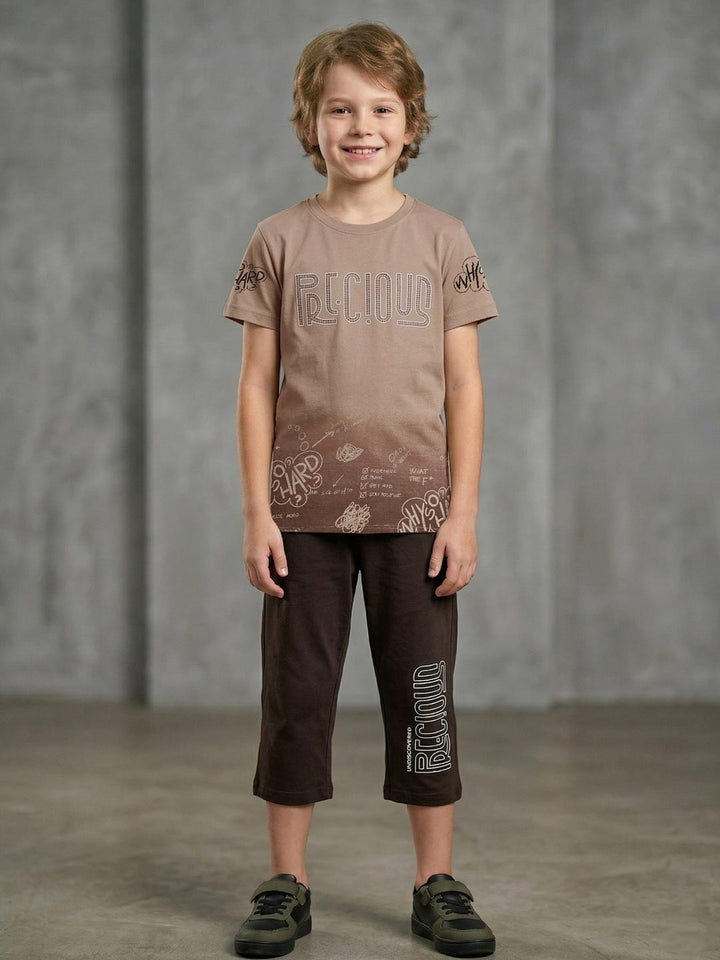 Boys printed half sleeve T-shirt with 3/4 pants set brown front view