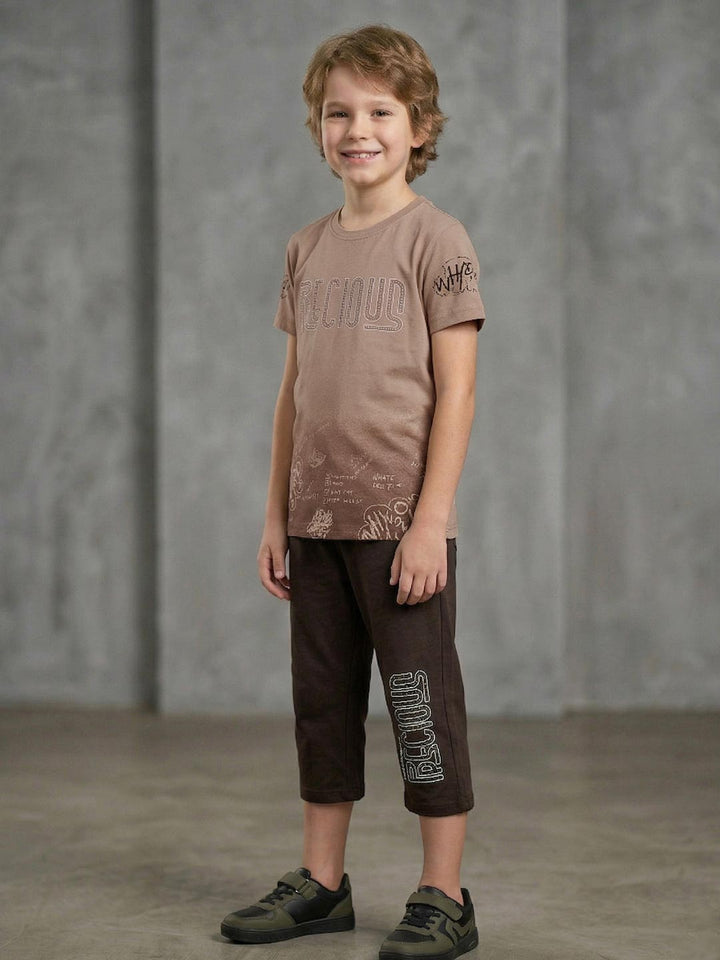 Boys printed half sleeve T-shirt with 3/4 pants set brown side view