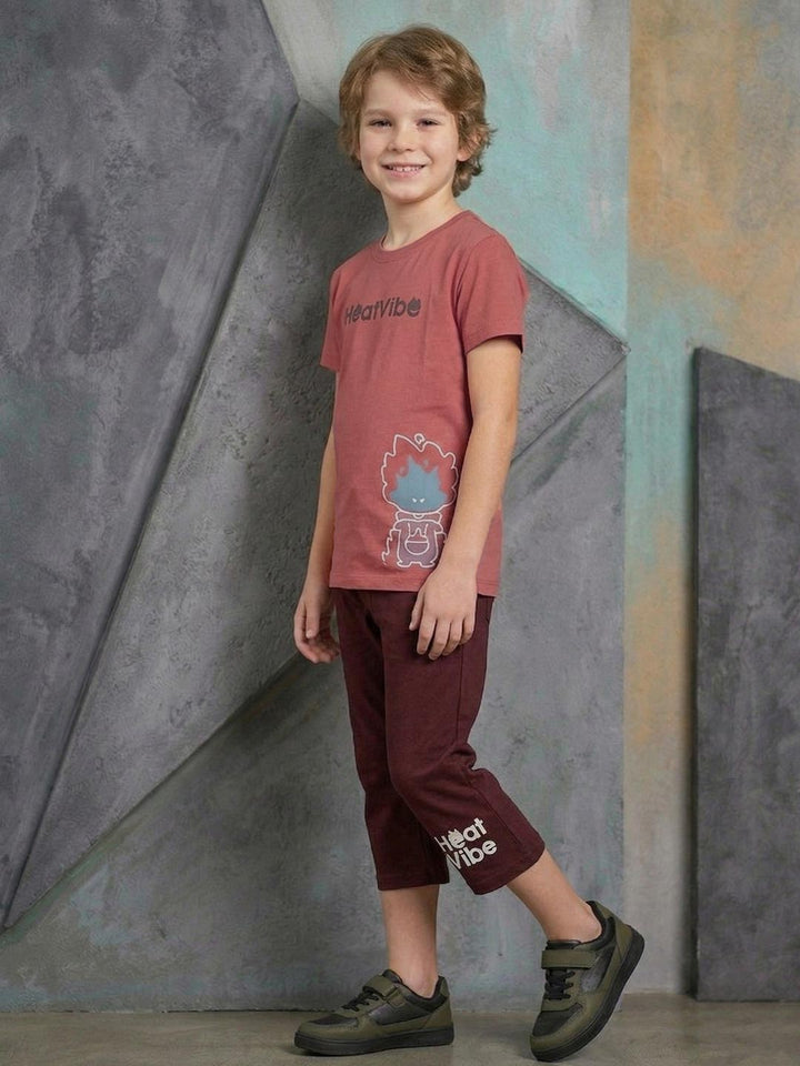 Boys printed half sleeve T-shirt with 3/4 pants set mandy side view