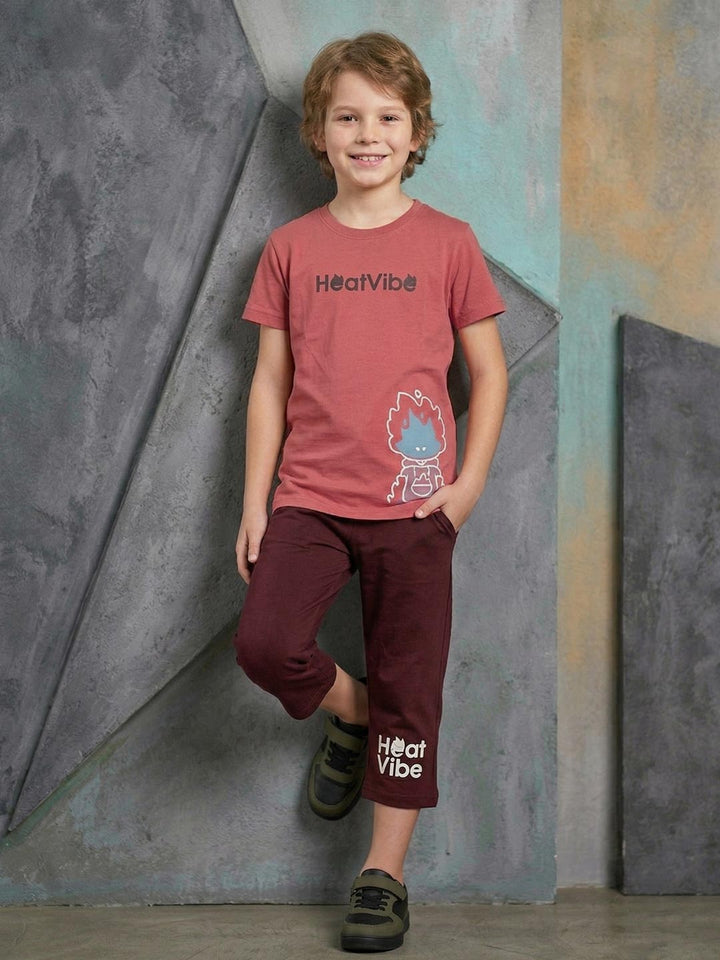 Boys printed half sleeve T-shirt with 3/4 pants set mandy front view