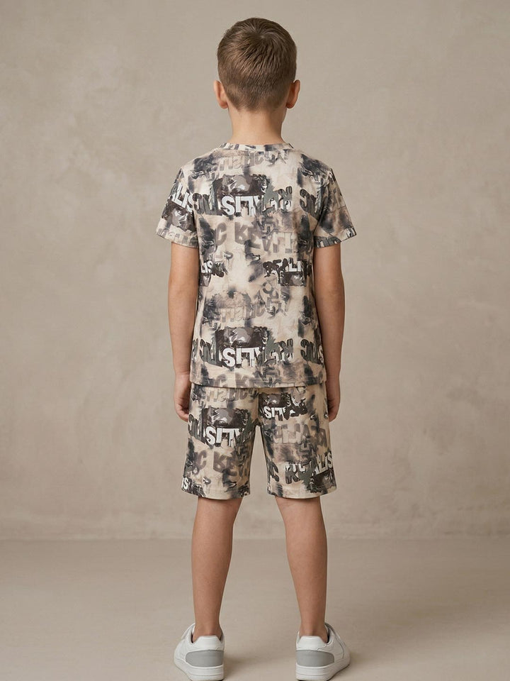 Printed co ord set round neck half sleeve t-shirt for boys color bone 