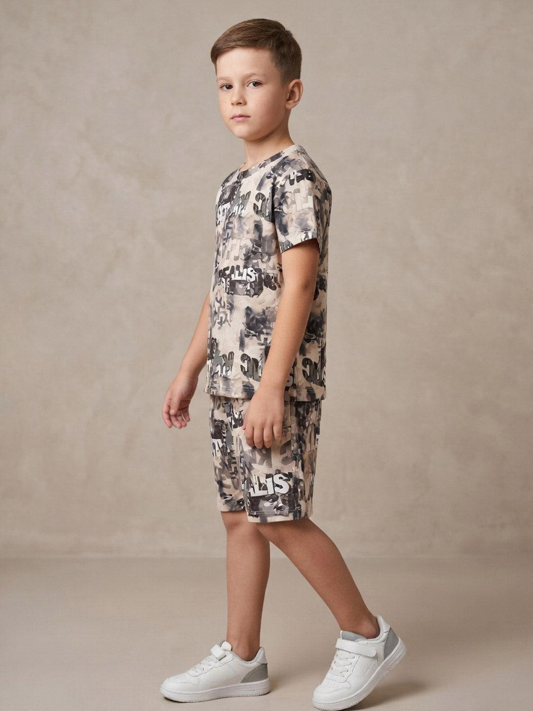 Printed co ord set round neck half sleeve t-shirt for boys color bone 