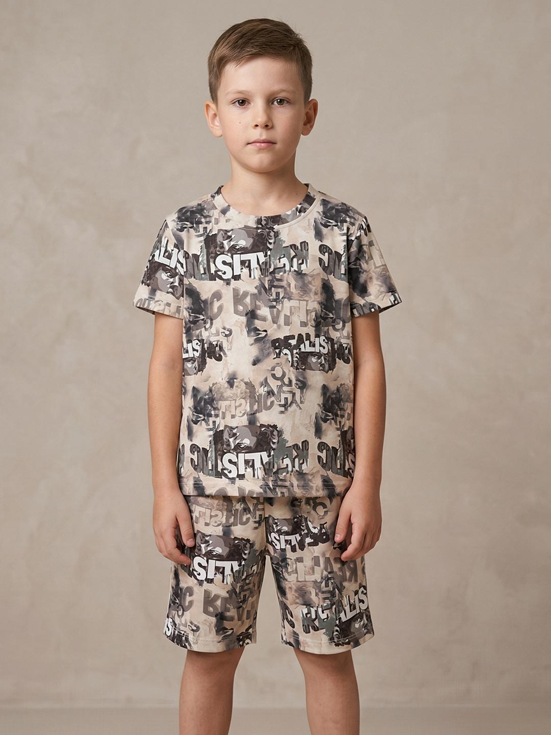 Printed co ord set round neck half sleeve t-shirt for boys color bone 
