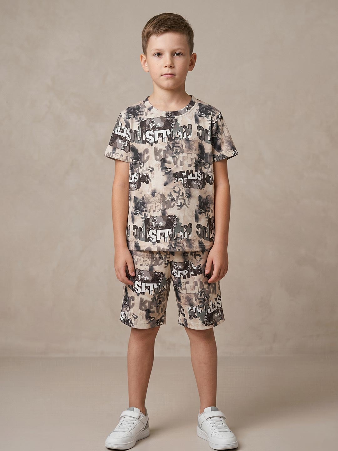 Printed co ord set round neck half sleeve t-shirt for boys color bone 