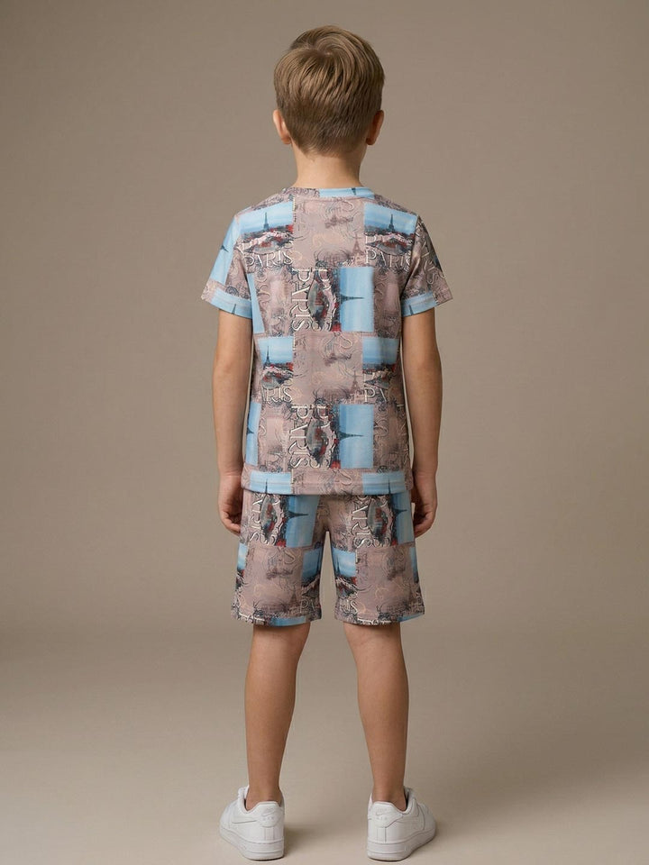 Printed co ord set round neck half sleeve t-shirt for boys color calm shell