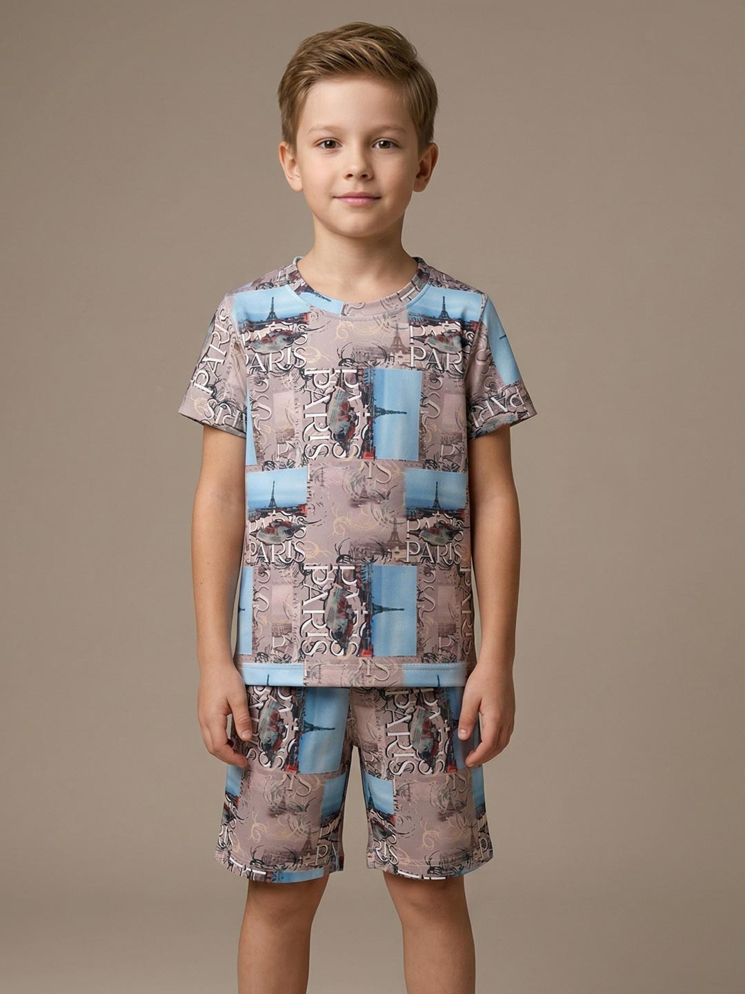 Printed co ord set round neck half sleeve t-shirt for boys color clam shell