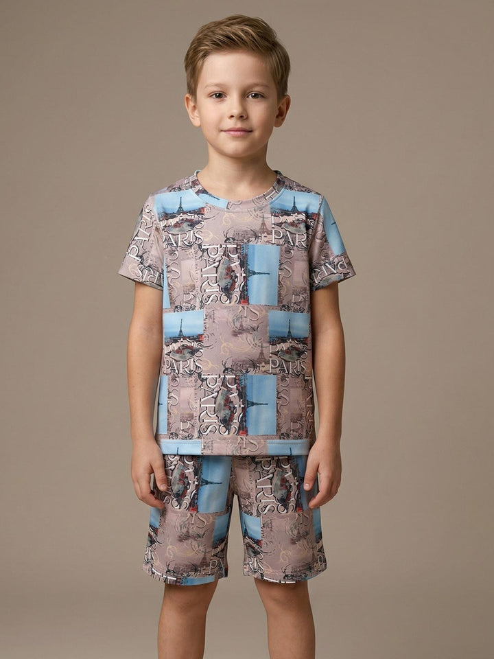Printed co ord set round neck half sleeve t-shirt for boys color clam shell