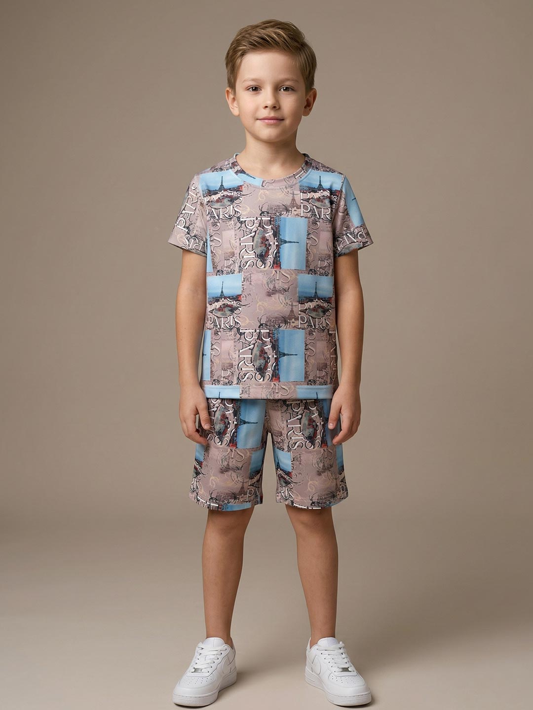 Printed co ord set round neck half sleeve t-shirt for boys color clam shell