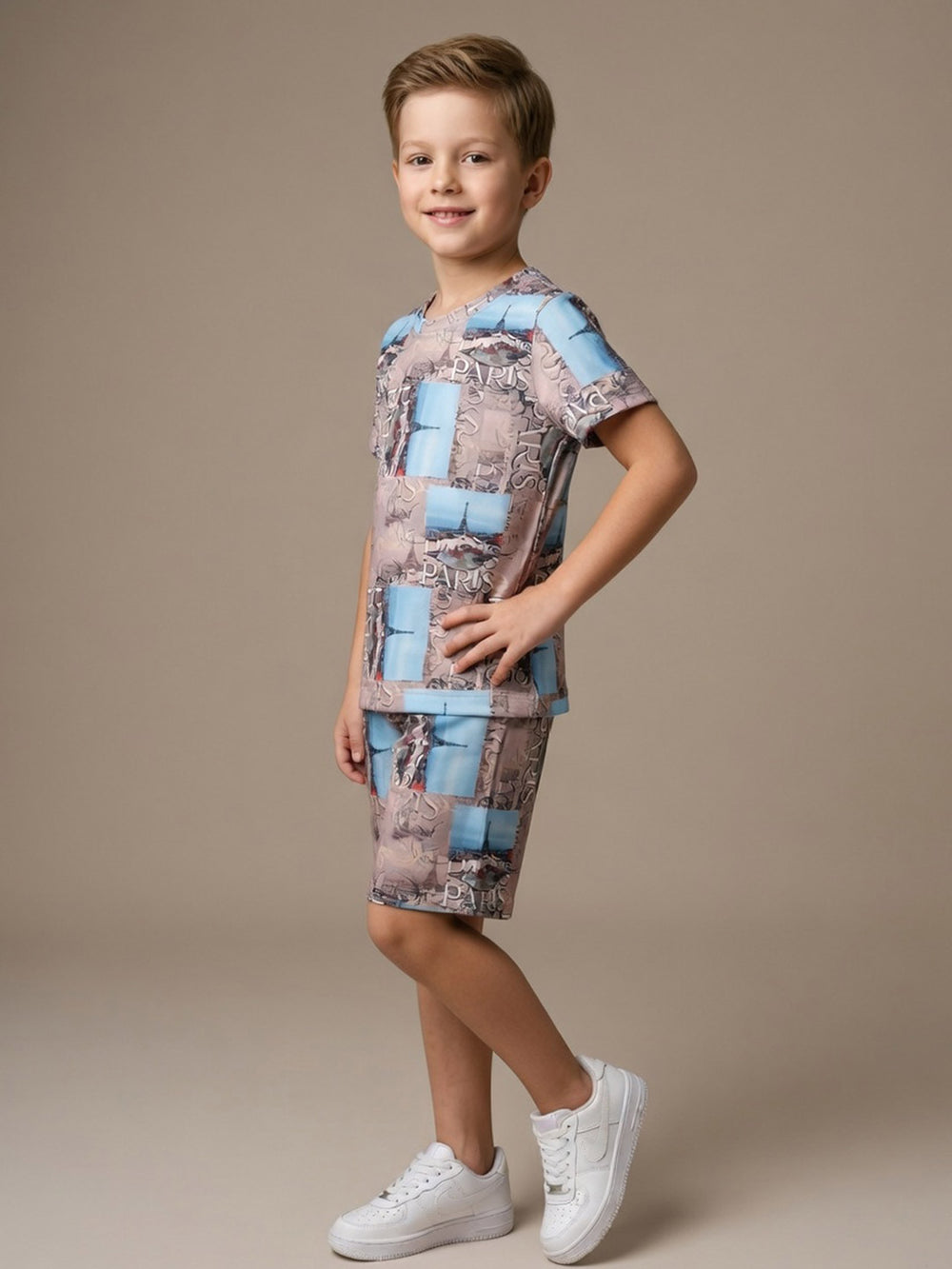 Printed co ord set round neck half sleeve t-shirt for boys color clam shell