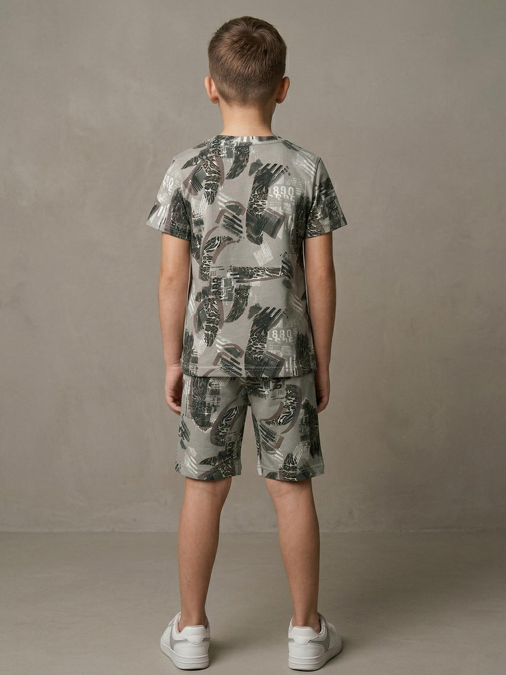Printed co ord set round neck half sleeve t-shirt for boys color sage green