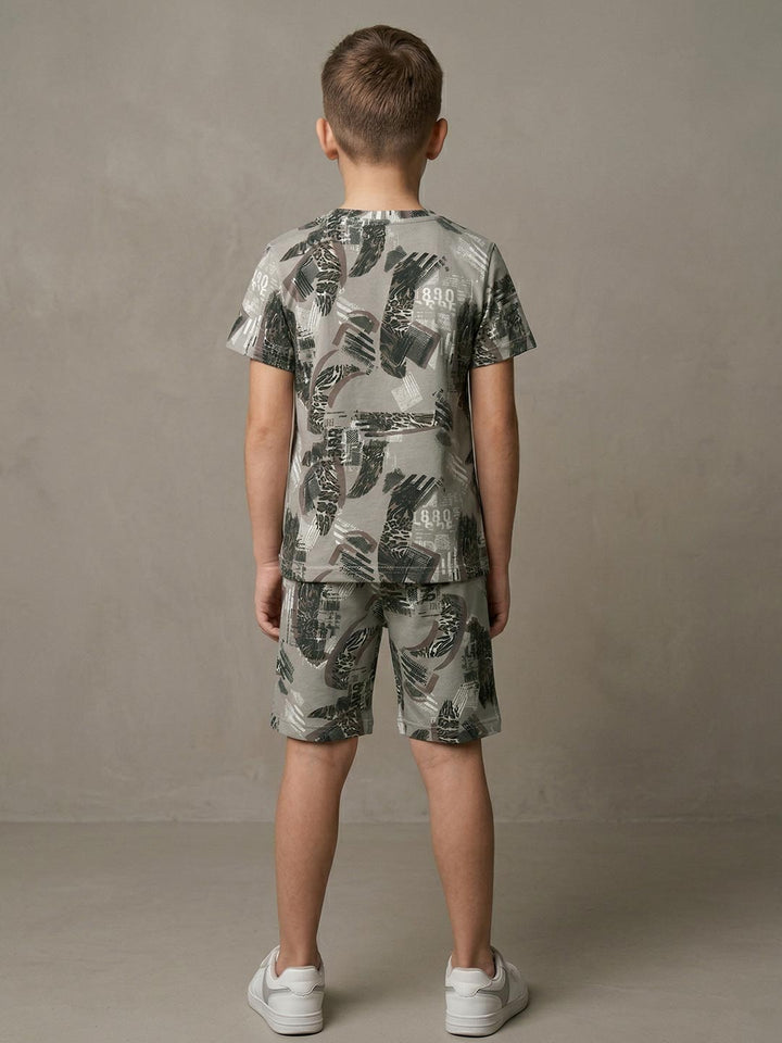 Printed co ord set round neck half sleeve t-shirt for boys color sage green