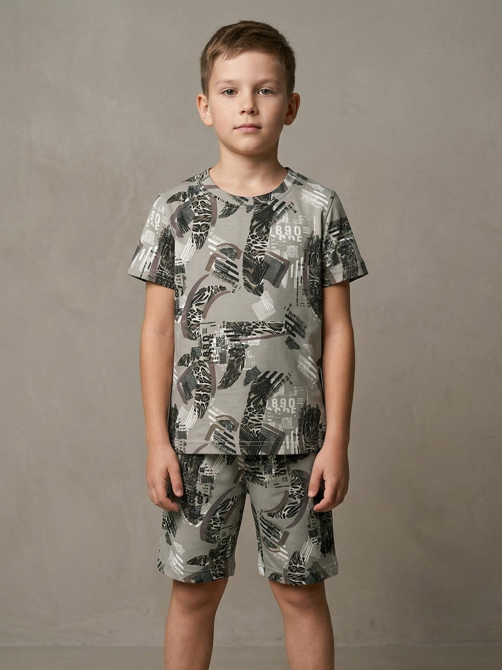 Printed co ord set round neck half sleeve t-shirt for boys color sage green