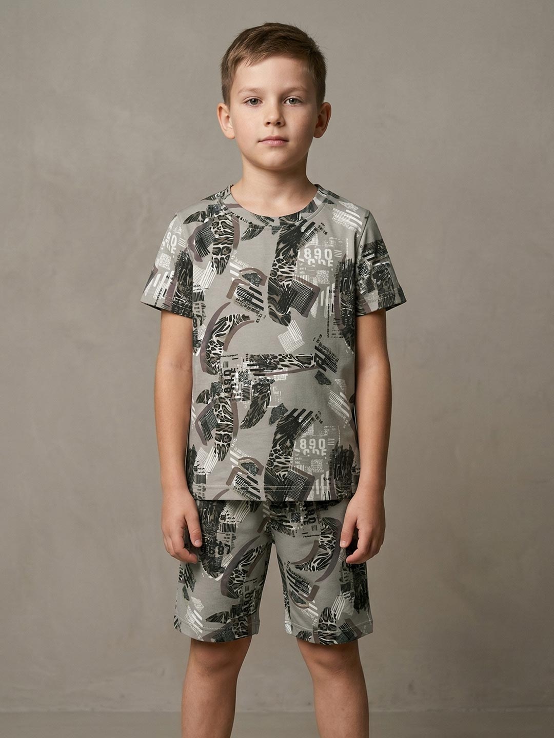 Printed co ord set round neck half sleeve t-shirt for boys color sage green