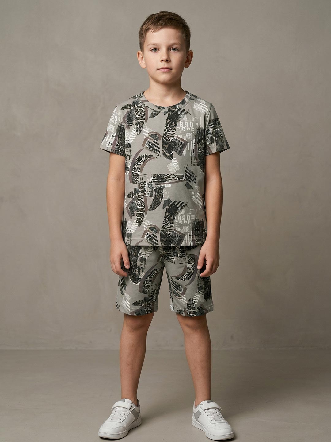 Printed co ord set round neck half sleeve t-shirt for boys color sage green