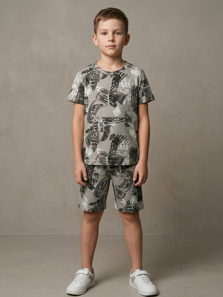 Printed co ord set round neck half sleeve t-shirt for boys color sage green