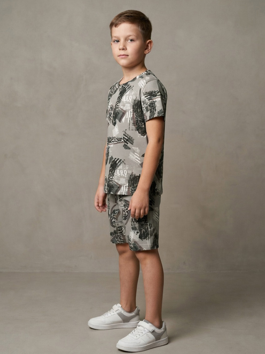 Printed co ord set round neck half sleeve t-shirt for boys color sage green