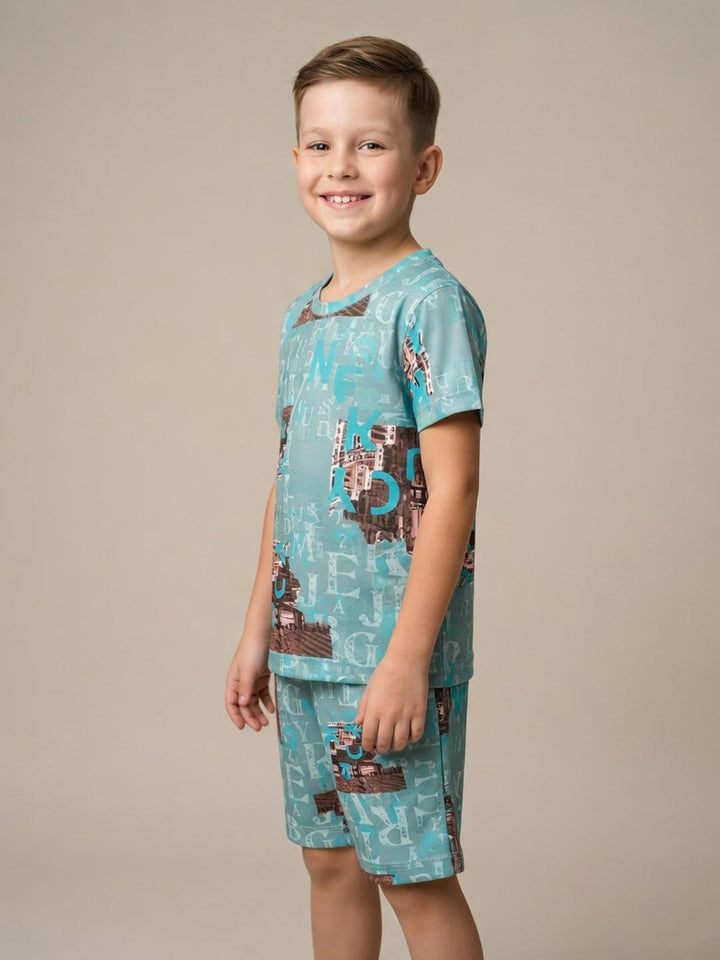 Printed co ord set round neck half sleeve t-shirt for boys color shadow green