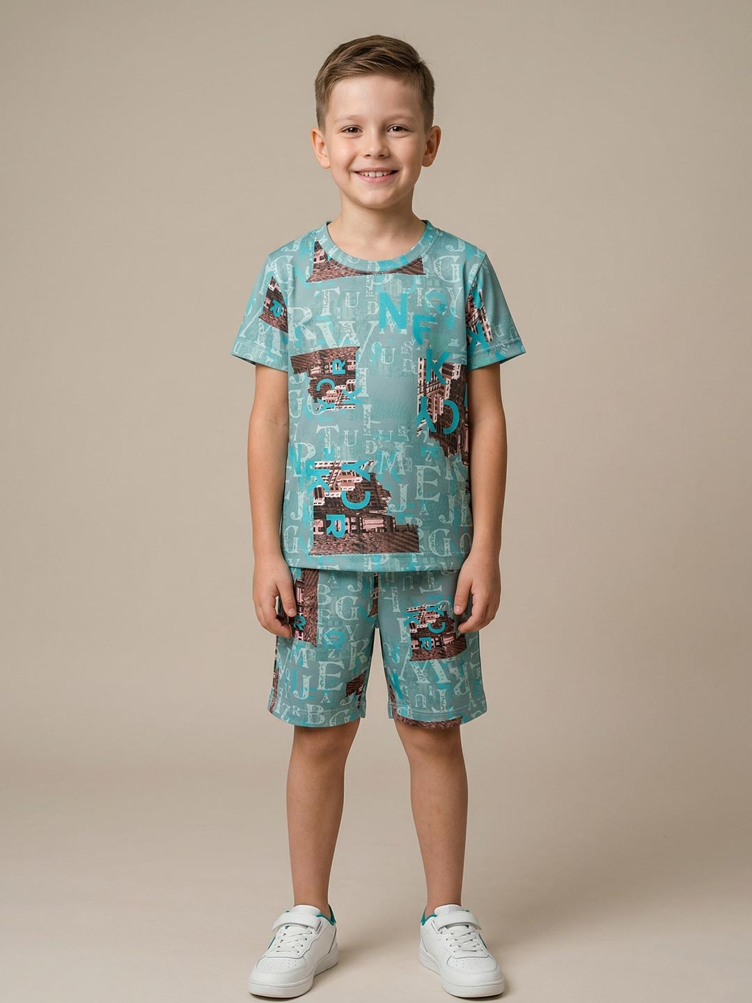 Printed co ord set round neck half sleeve t-shirt for boys color shadow green