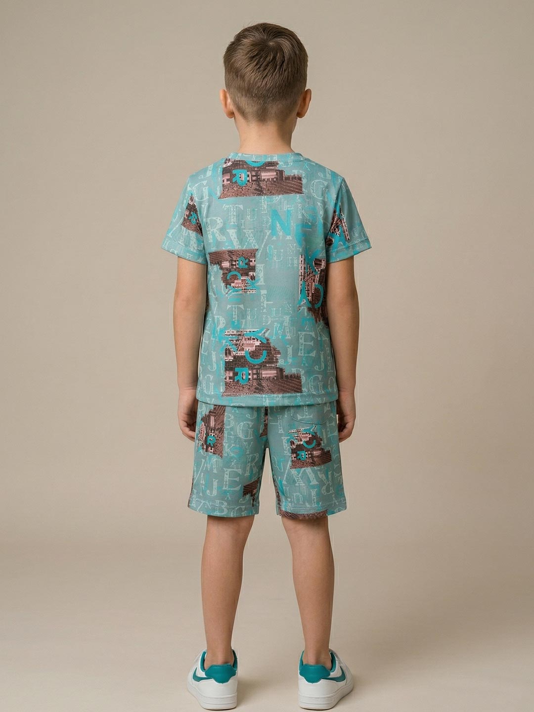 Printed co ord set round neck half sleeve t-shirt for boys color shadow green