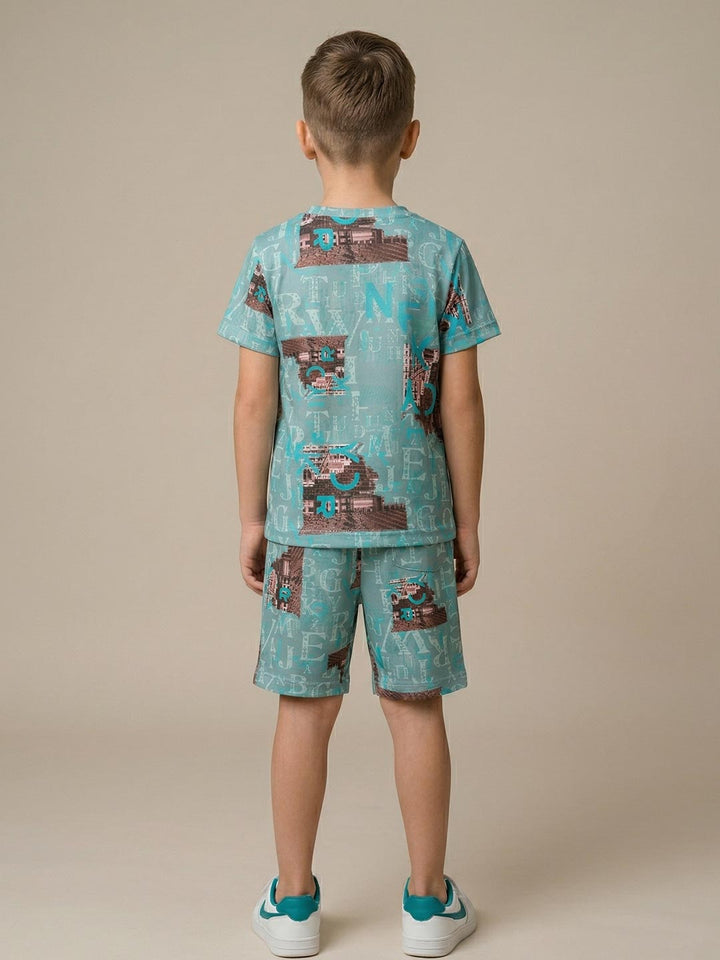 Printed co ord set round neck half sleeve t-shirt for boys color shadow green