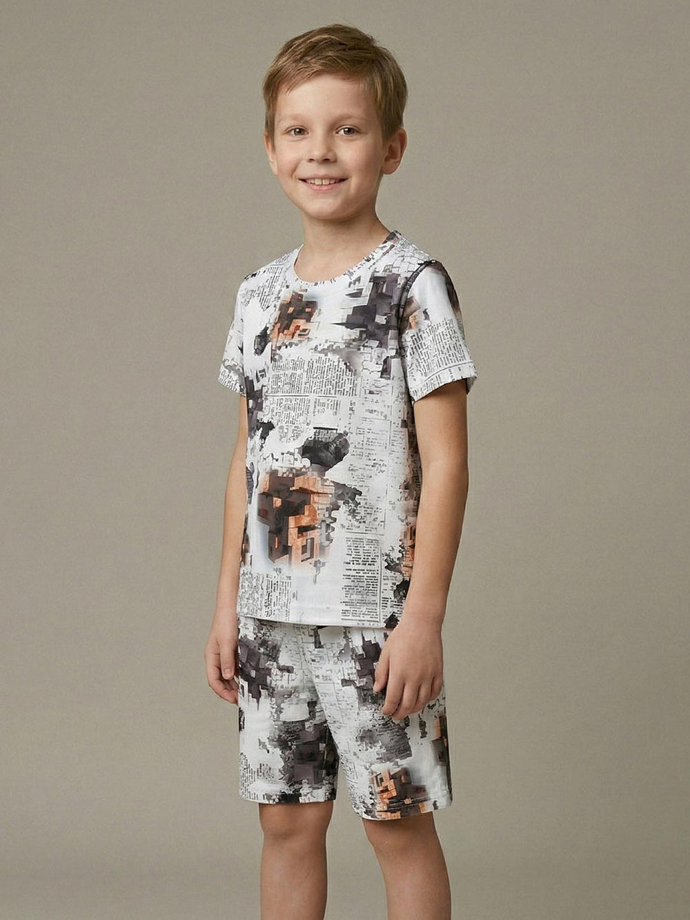 Printed co ord set round neck half sleeve t-shirt for boys color white