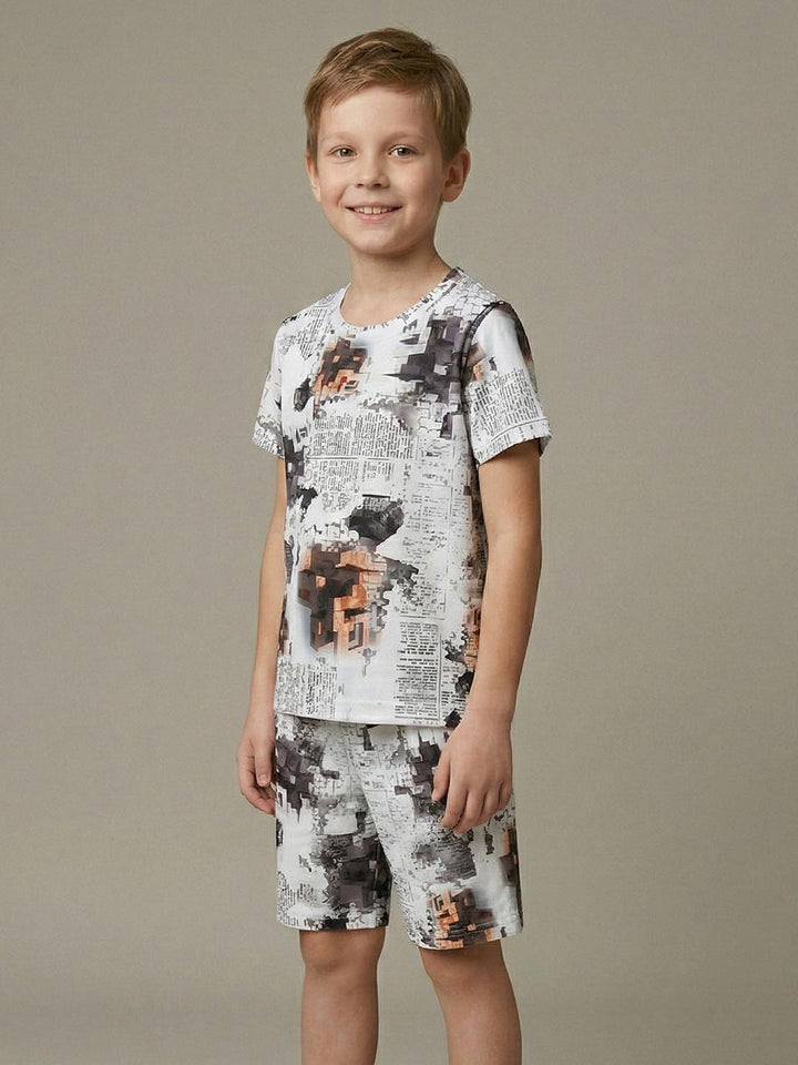 Printed co ord set round neck half sleeve t-shirt for boys color white
