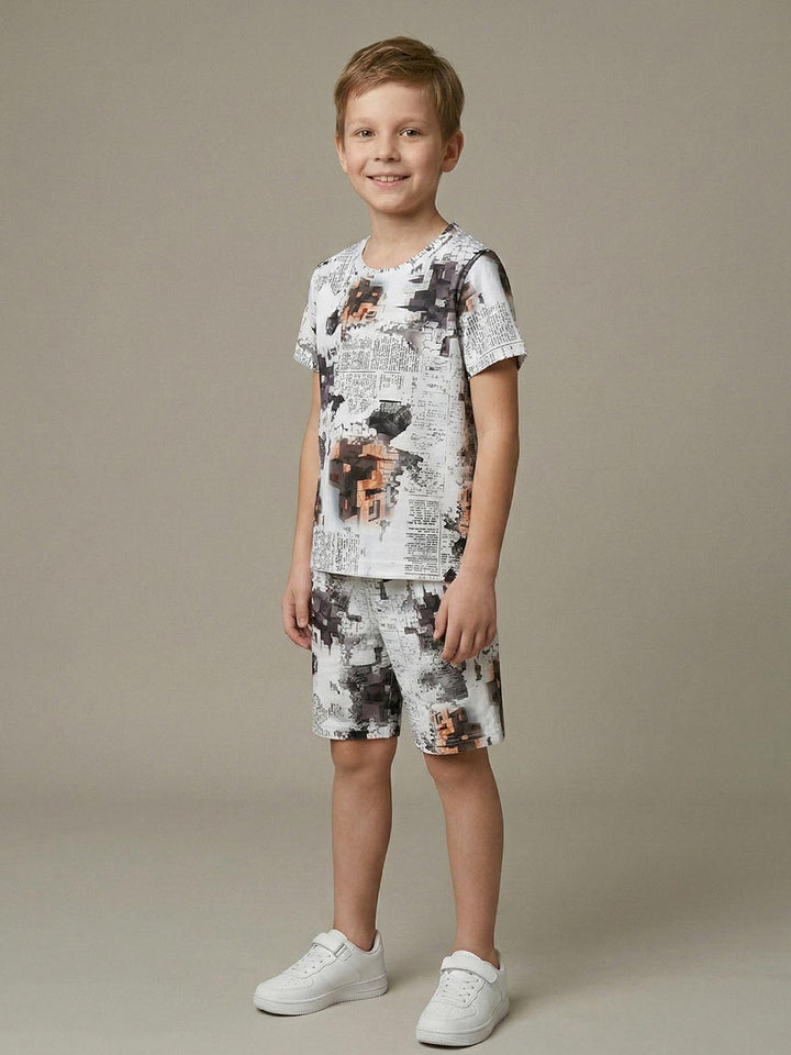 Printed co ord set round neck half sleeve t-shirt for boys color white