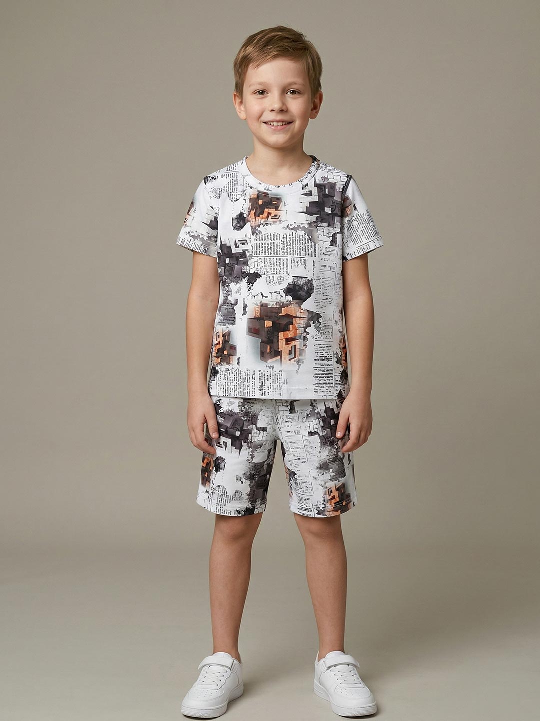 Printed co ord set round neck half sleeve t-shirt for boys color white