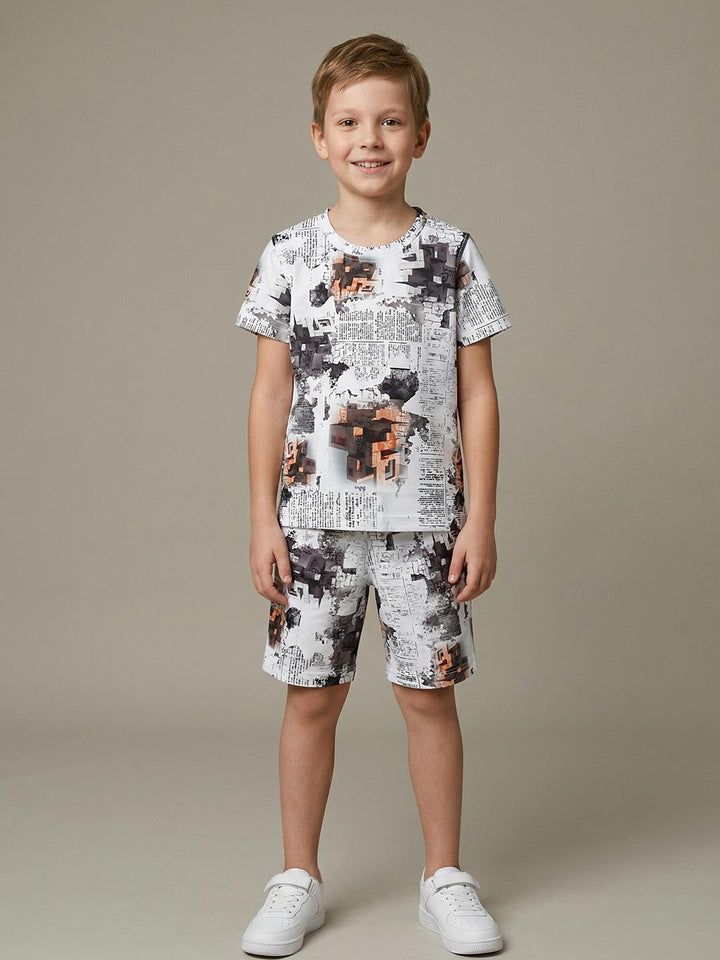 Printed co ord set round neck half sleeve t-shirt for boys color white
