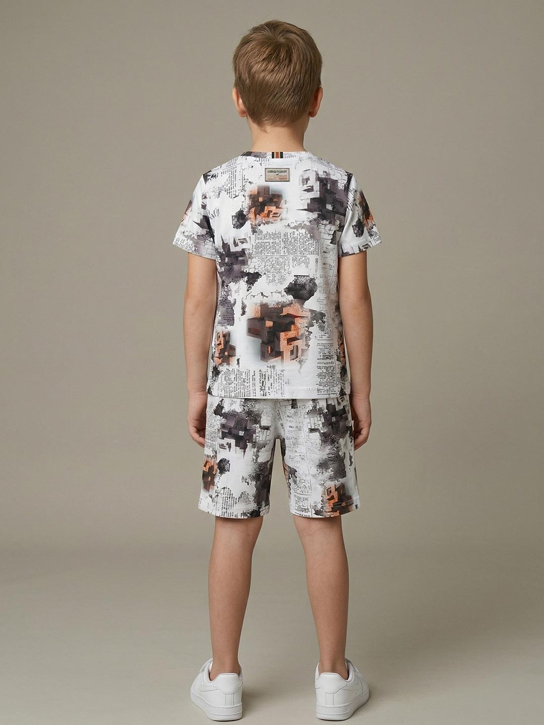 Printed co ord set round neck half sleeve t-shirt for boys color white