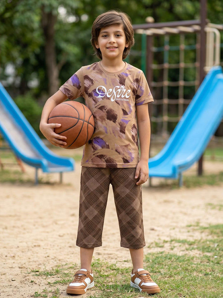 Sprit boys printed half sleeve 3/4th set color coffee