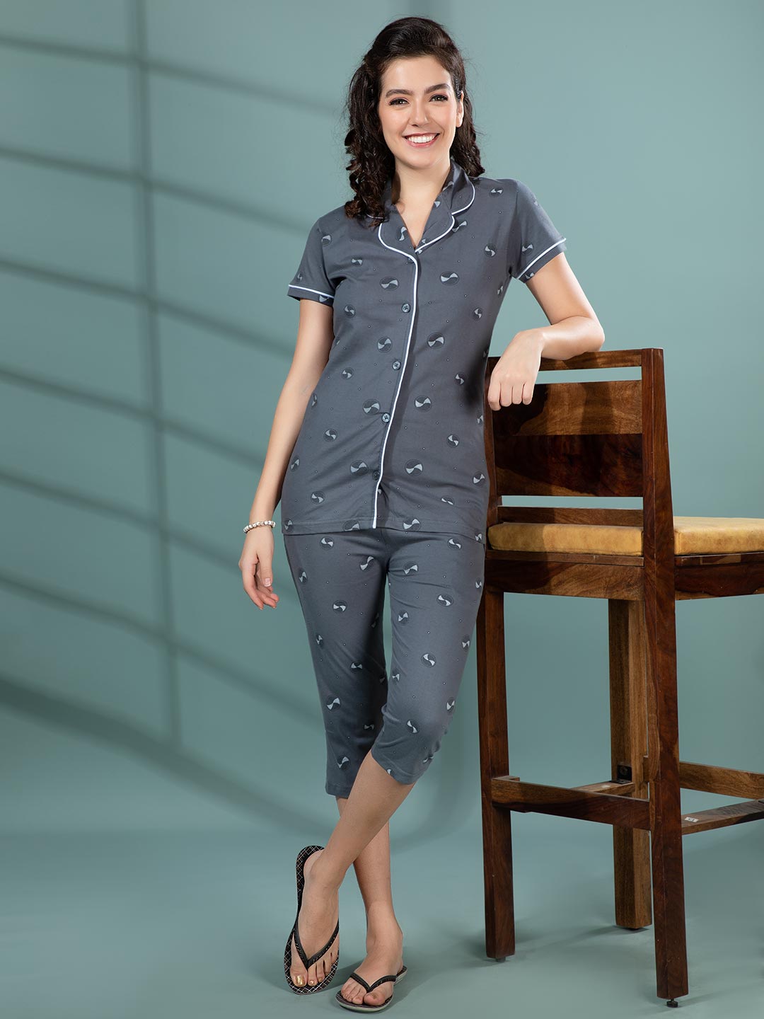 yashika-23 women printed 3/4th night suit #color_charcoal-grey