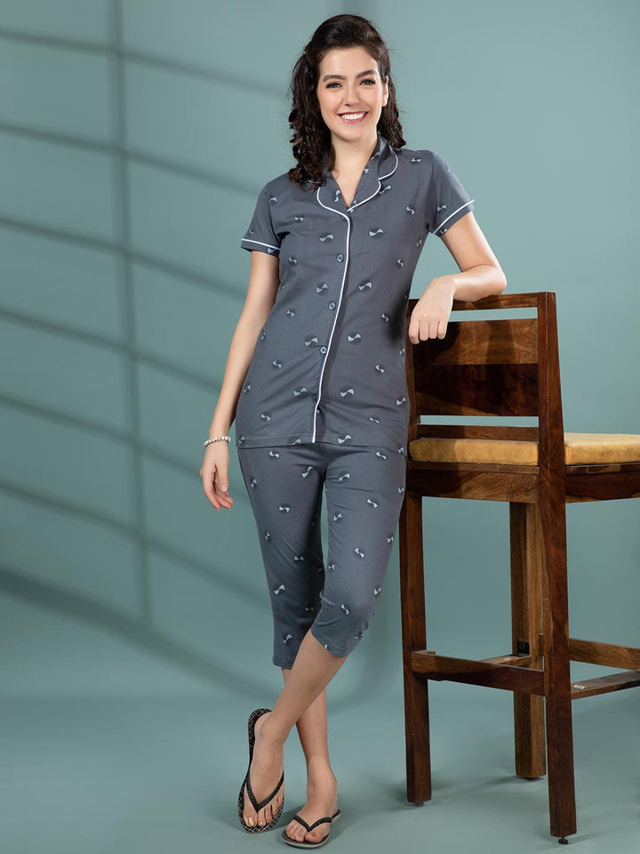 yashika-23 women printed 3/4th night suit #color_charcoal-grey