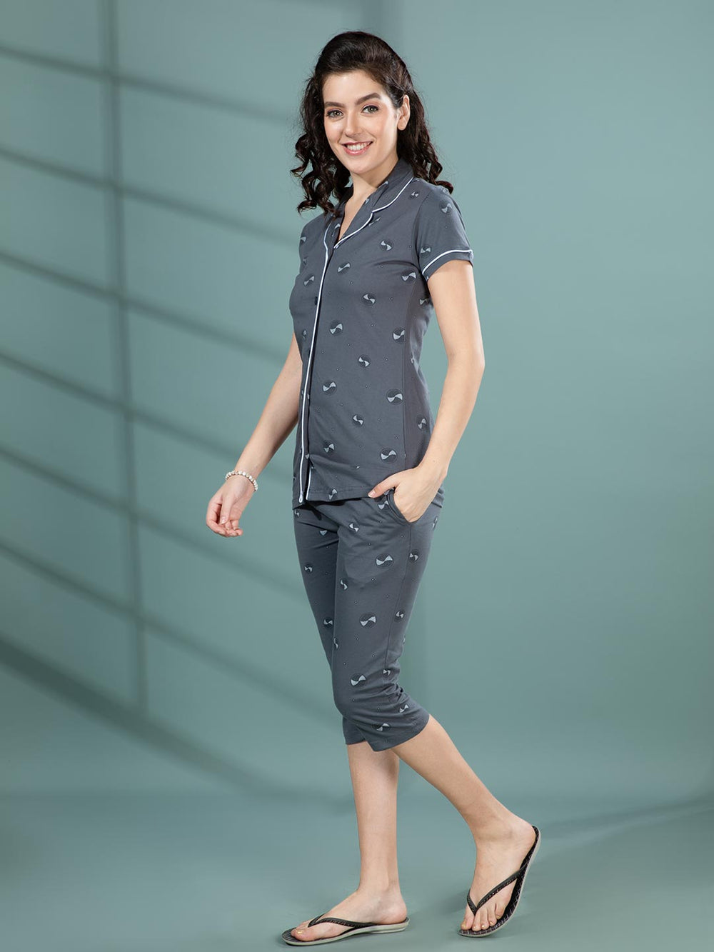 yashika-23 women printed 3/4th night suit #color_charcoal-grey