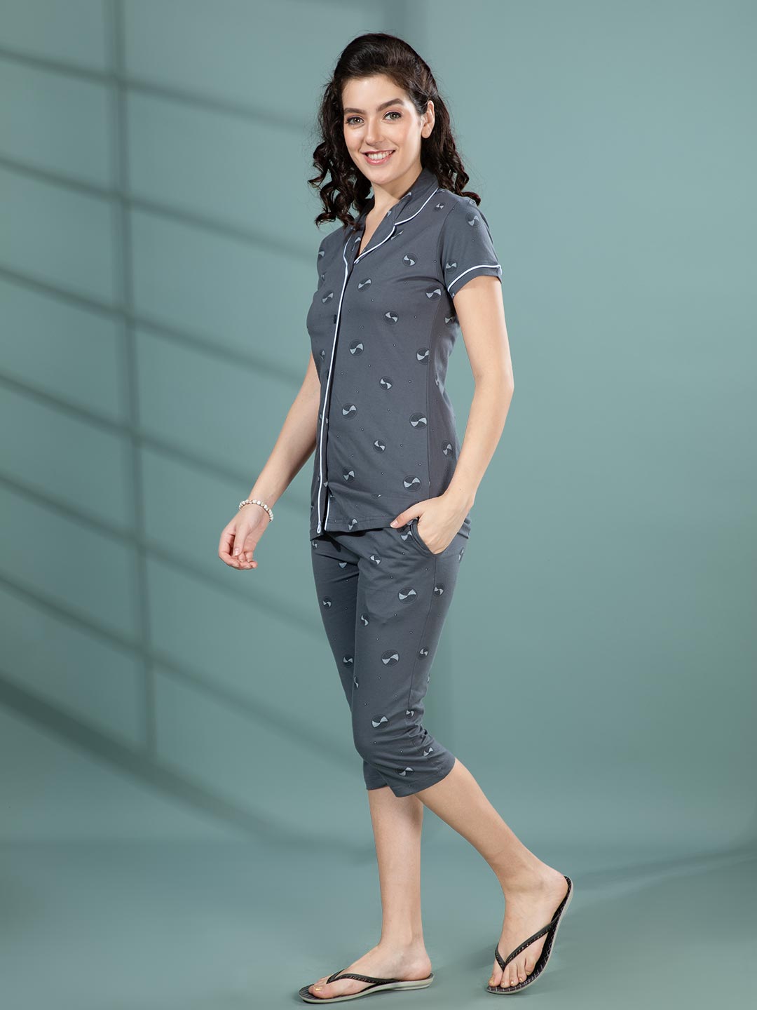 yashika-23 women printed 3/4th night suit #color_charcoal-grey