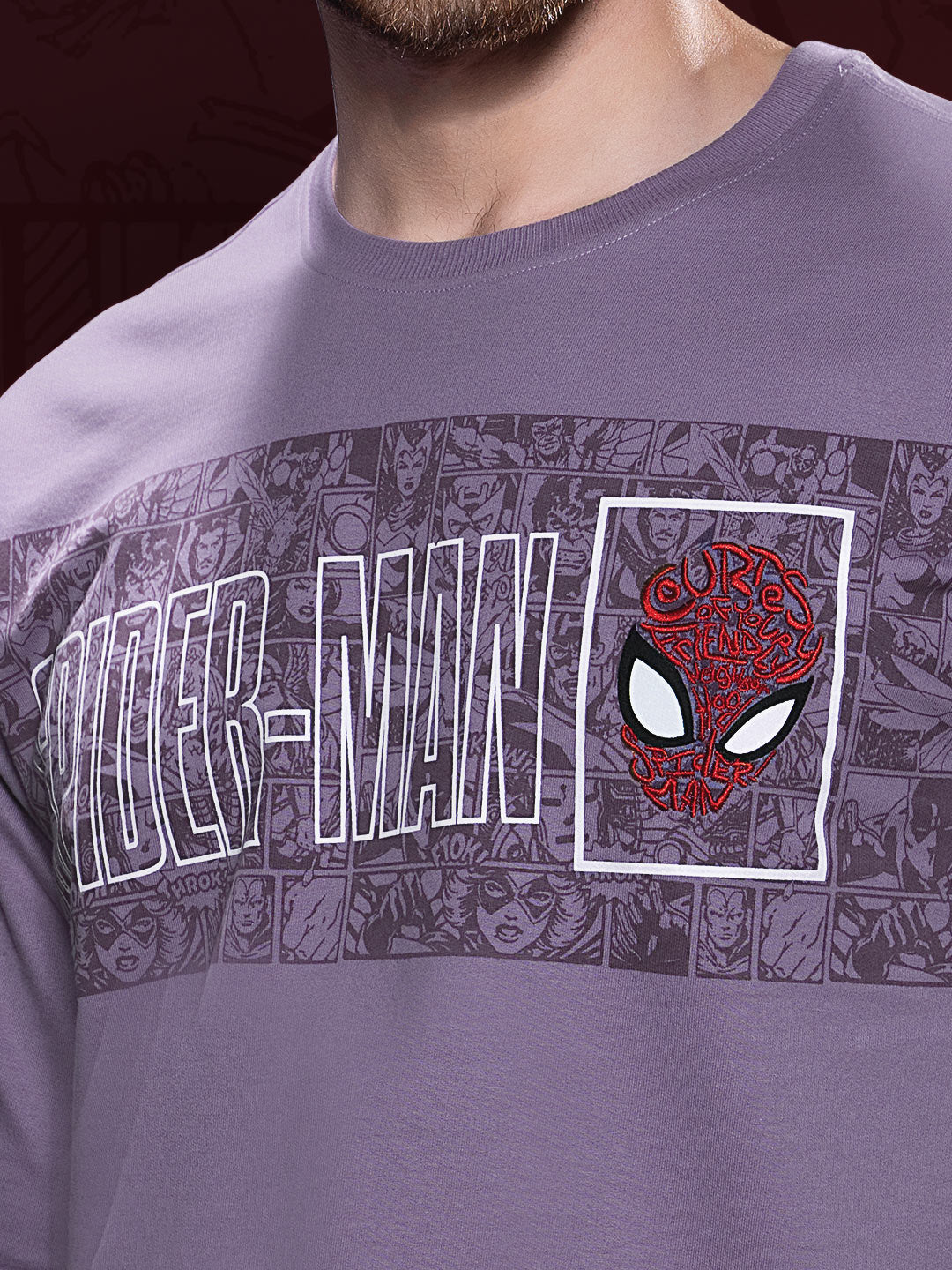 marvel avengers printed down shoulder t-shirt for men color light pastel purple