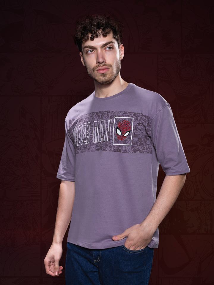 marvel avengers printed down shoulder t-shirt for men color light pastel purple