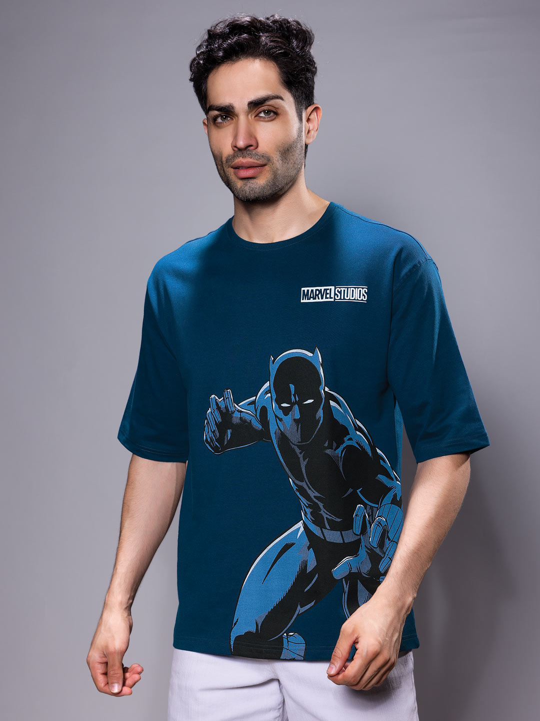marvel avengers printed down shoulder t-shirt for men color astronaut blue