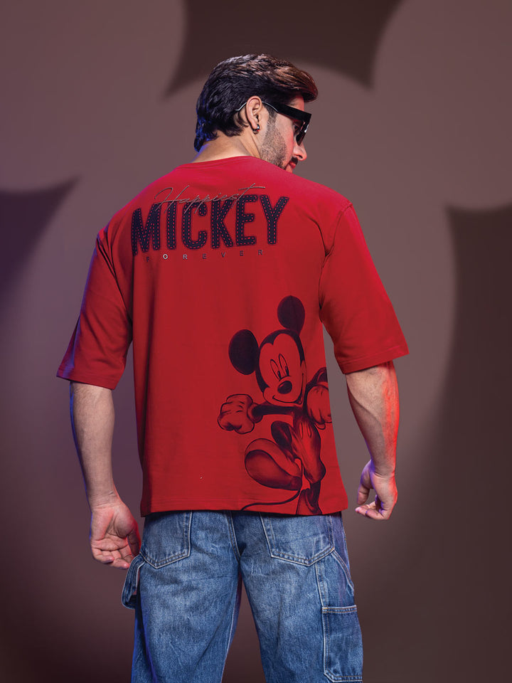 Disney printed down shoulder T-shirt for men color crimson