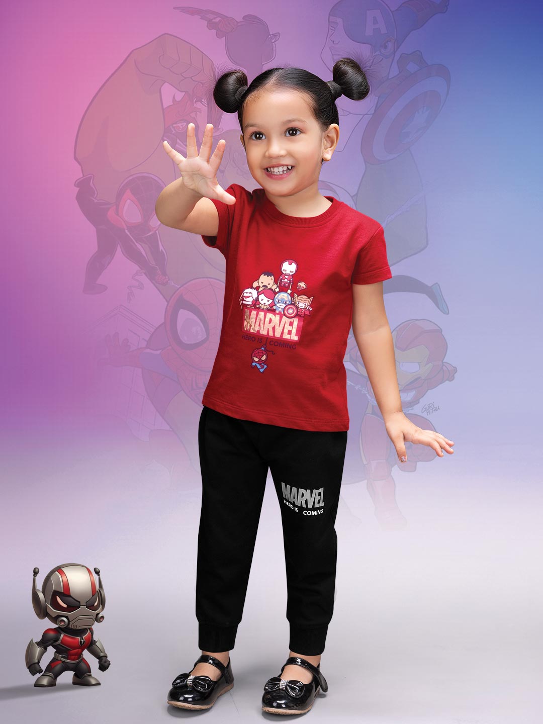 printed full pant set for baby girl color crimson