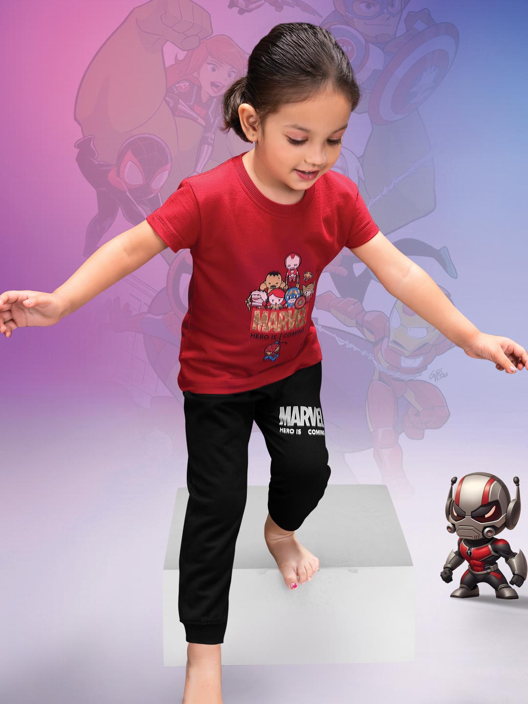 printed full pant set for baby girl color crimson