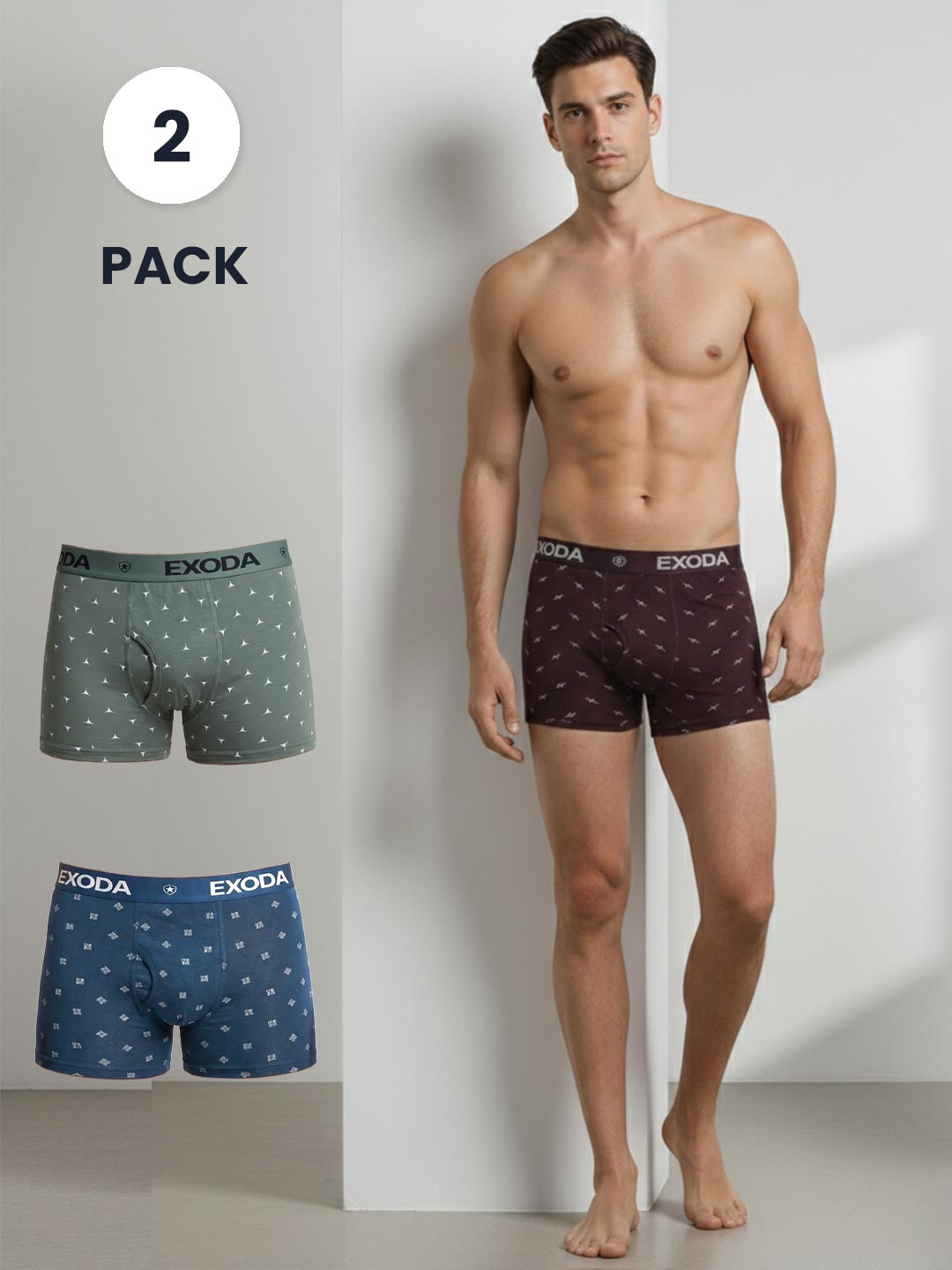 Man wearing Exoda boxer briefs with two-pack option displayed.